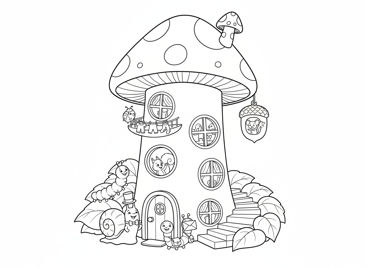 בניין דירות פטרייה - פטרייה ענקית עם הרבה קומות וחלונות, יצורים שונים גרים בכל קומה, חילזון שוער, חיפושית במרפסת עם כביסה, תולעת דוור, זחל מטפס במדרגות, ומעלית בלוט