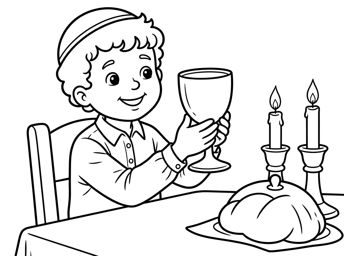 לילה טוב. תוכל בבקשה ליצור לי דף צביעה עבור גיל 3-4 שבו רואים ילד עם כיפה יושב ליד שולחן שבת שיש עליו נרות ויין לקידוש ועושה קידוש עם גביע  יש לו חולצה מכופתרת והוא מחייך