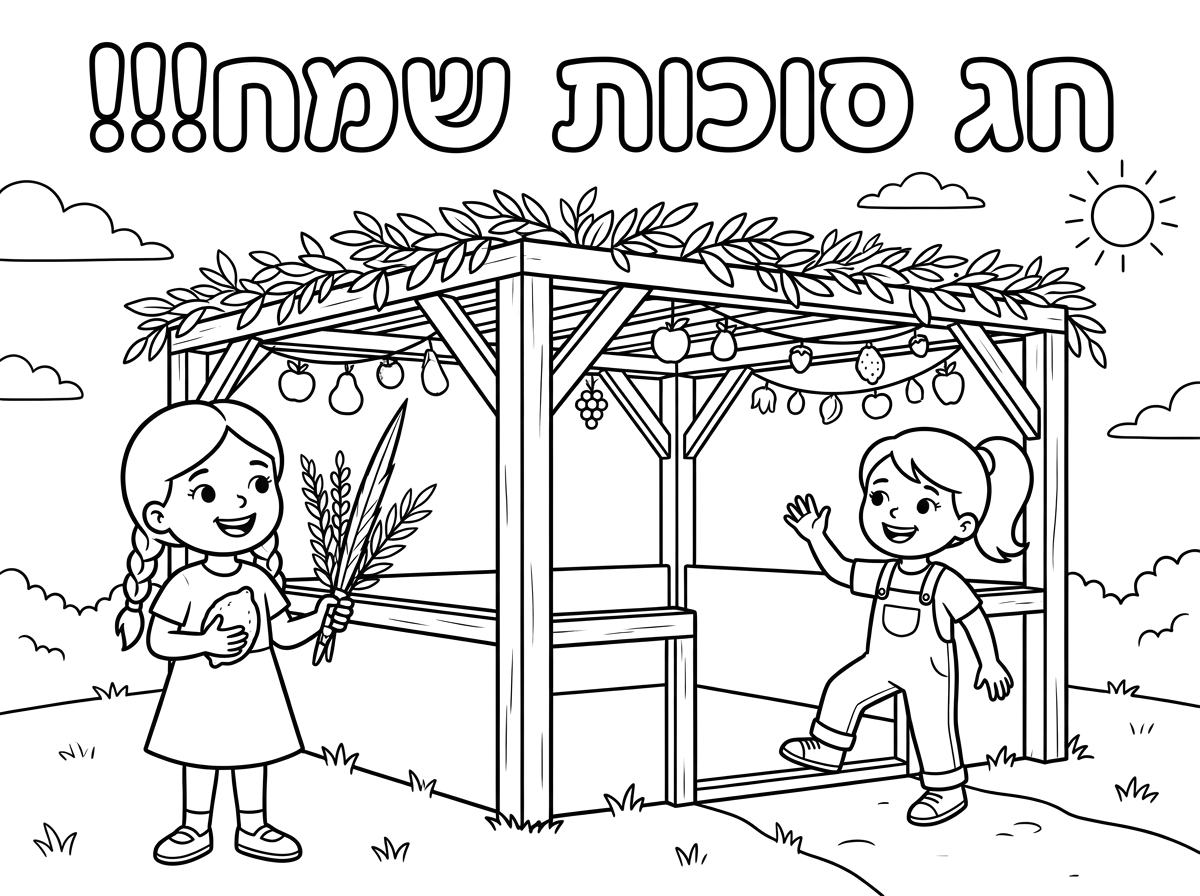 תתן לי דף צביעה של סוכה וילדה שעומדת ליד הסוכה ומחזיקה את ארבעת המינים ועוד ילדה שנכנסת לסוכה וגם כתוב למעלה בכתב בלון חג סוכות שמח!!!