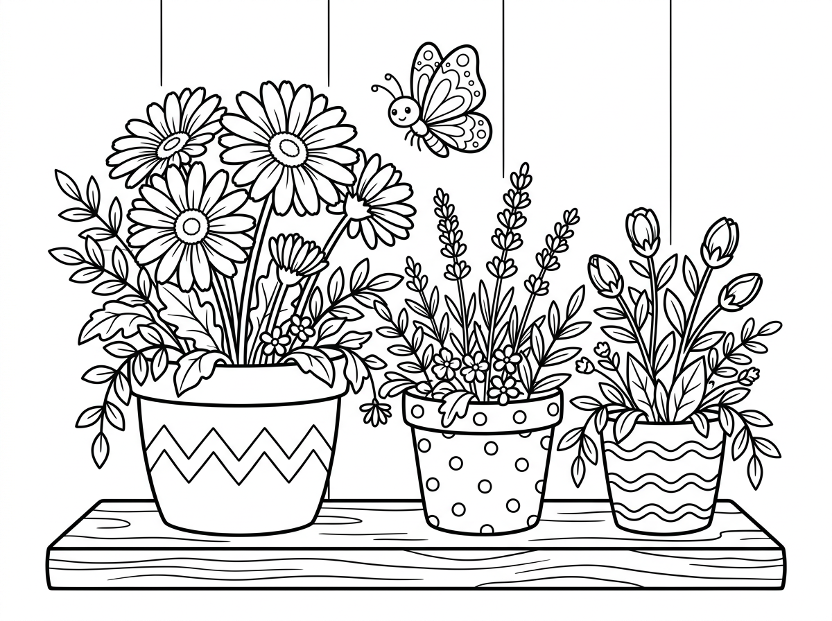 שלושה עציצים חרסינה בגדלים שונים מלאים בפרחים מגוונים ועשירים – גרברות, לוונדר וניצנים פתוחים, כל עציץ עם דוגמה דקורטיבית שונה. העציצים יושבים על מדף עץ עם רקע קיר פשוט, עלים נשפכים מהצדדים ופרפר קטן מבקר את הפרחים. קווי מתאר ברורים עם הרבה פרטים קטנים לצביעה מהנה.