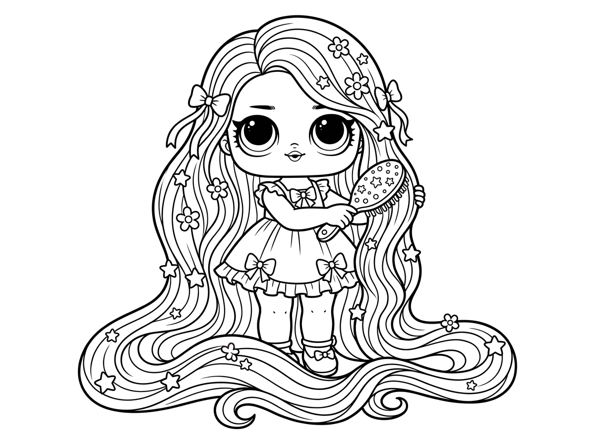 בובת לול סורפרייז עם שיער ארוך במיוחד שמגיע עד הרצפה, מקושט בסרטים, פרחים וכוכבים קטנים. היא מסרקת את השיער בעדינות עם מברשת מעוטרת, שיער גלי ושופע סביבה. סגנון אופנתי עם דגש על פרטי שיער מפורטים.