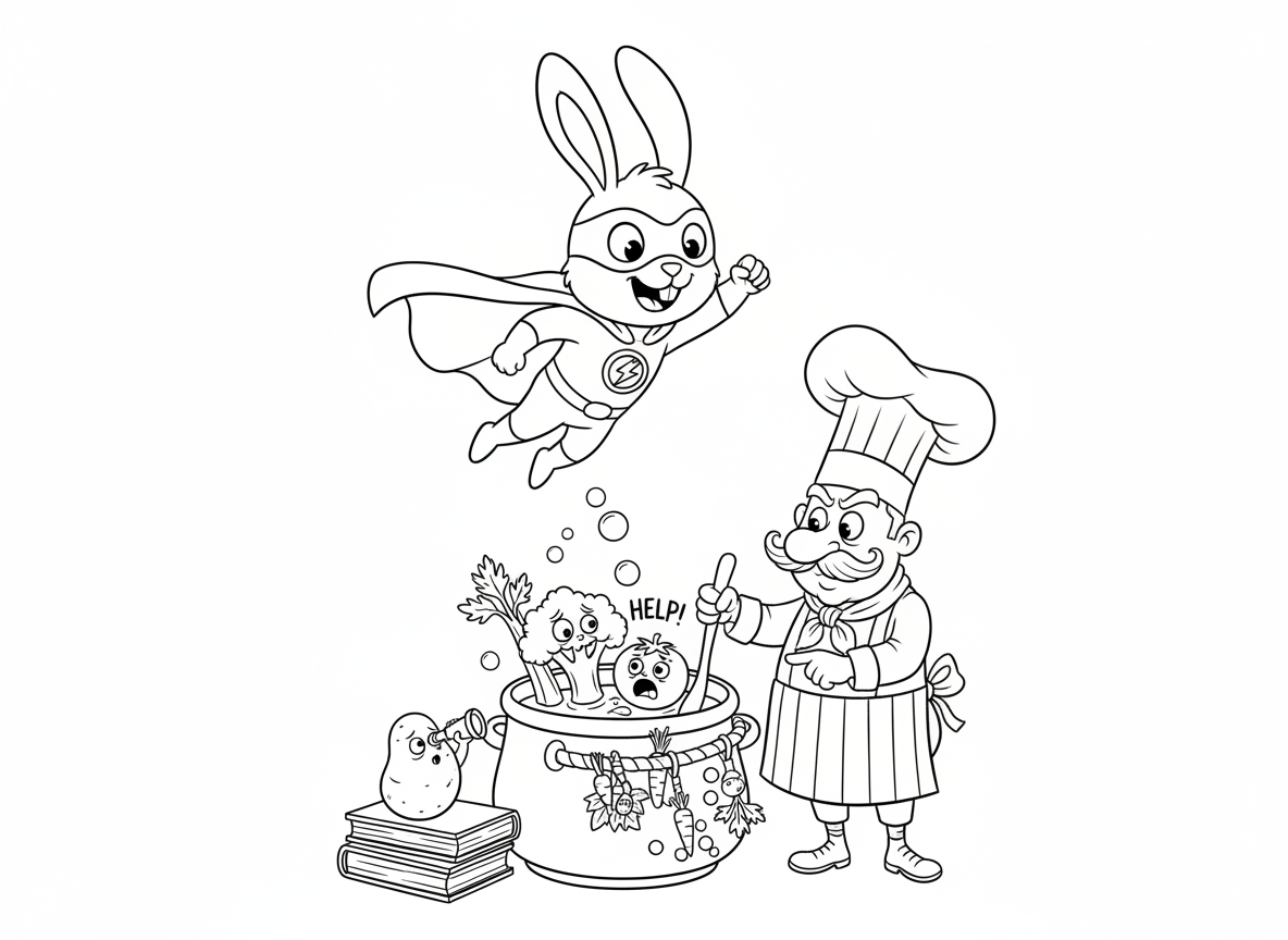 ארנב גיבור על מציל ירקות - סופר ארנב עם גלימת גזר עף להציל ירקות מסיר מרק, ברוקולי במצוקה, עגבנייה צועקת להצלה, שף מרושע מערבב סיר, חבל בריחה מסלרי, ותפוח אדמה כתצפיתן