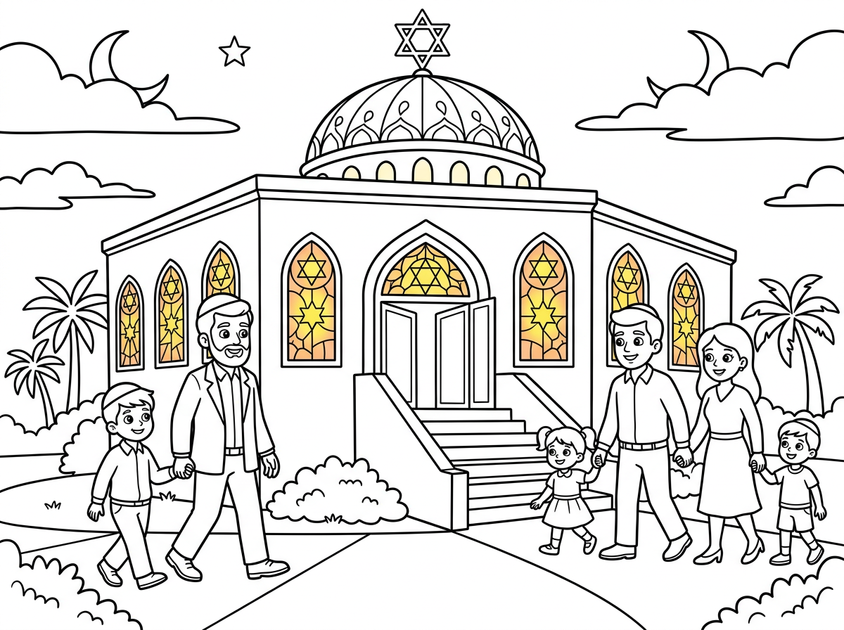 בית כנסת יפה ומואר בערב שבת, עם חלונות ויטראז' זוהרים מבפנים, כיפה עם מגן דוד בראשו, ומדרגות רחבות. אנשים הולכים לתפילה בבגדי שבת, אבות ובנים יד ביד, ברקע שקיעה ושמיים מתחילים להחשיך עם כוכב ראשון. סגנון ארכיטקטוני חם עם אור שקיעה.