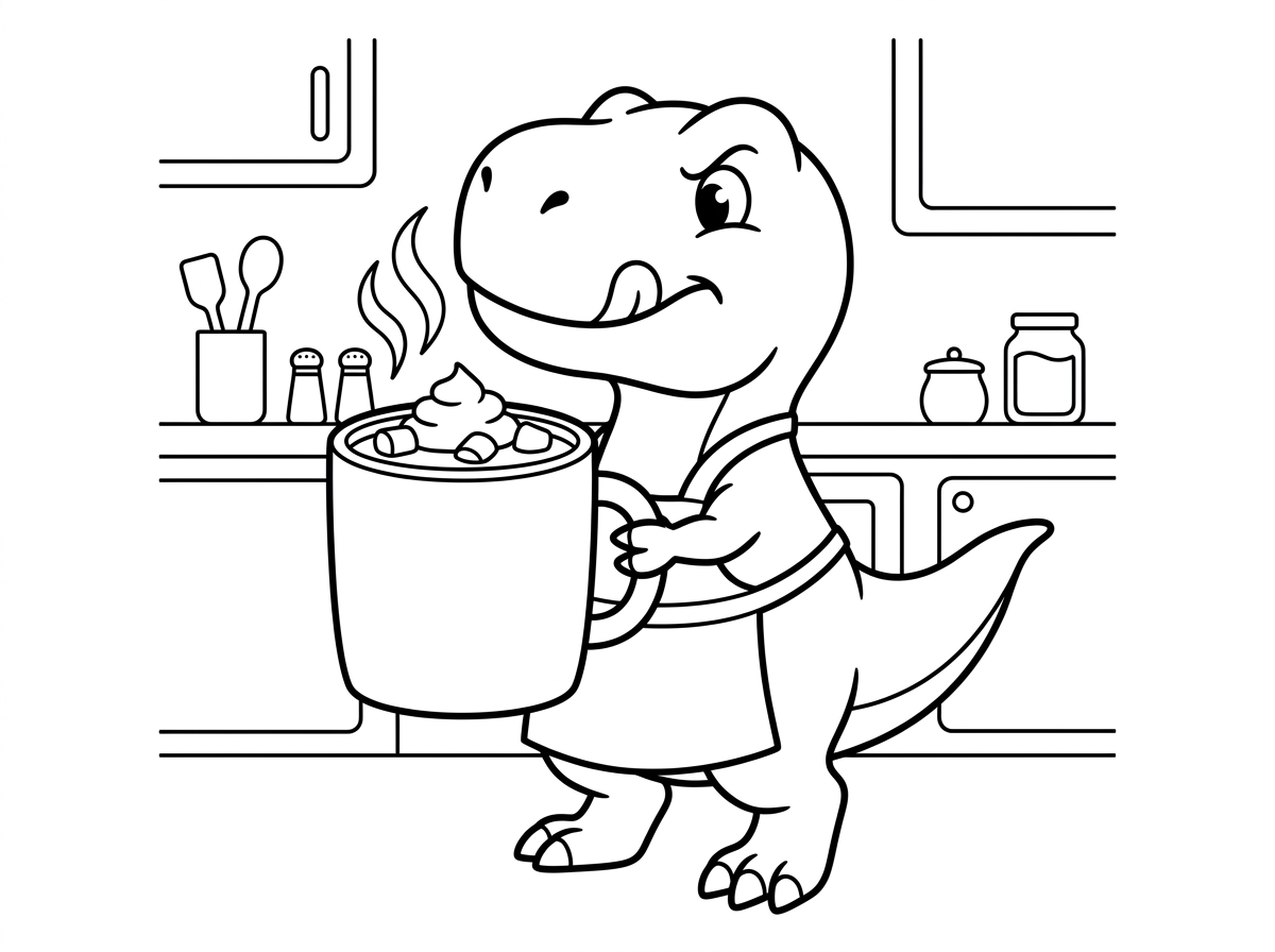 דינוזאור חמוד וקטן (טי-רקס) עם ידיים קצרצרות מנסה להחזיק כוס שוקו חם גדולה עם קצפת ומרשמלו, פרצופו מראה מאמץ מצחיק והנאה. אדים עולים מהכוס ולדינוזאור סינר חמוד. ברקע מטבח ביתי חם.