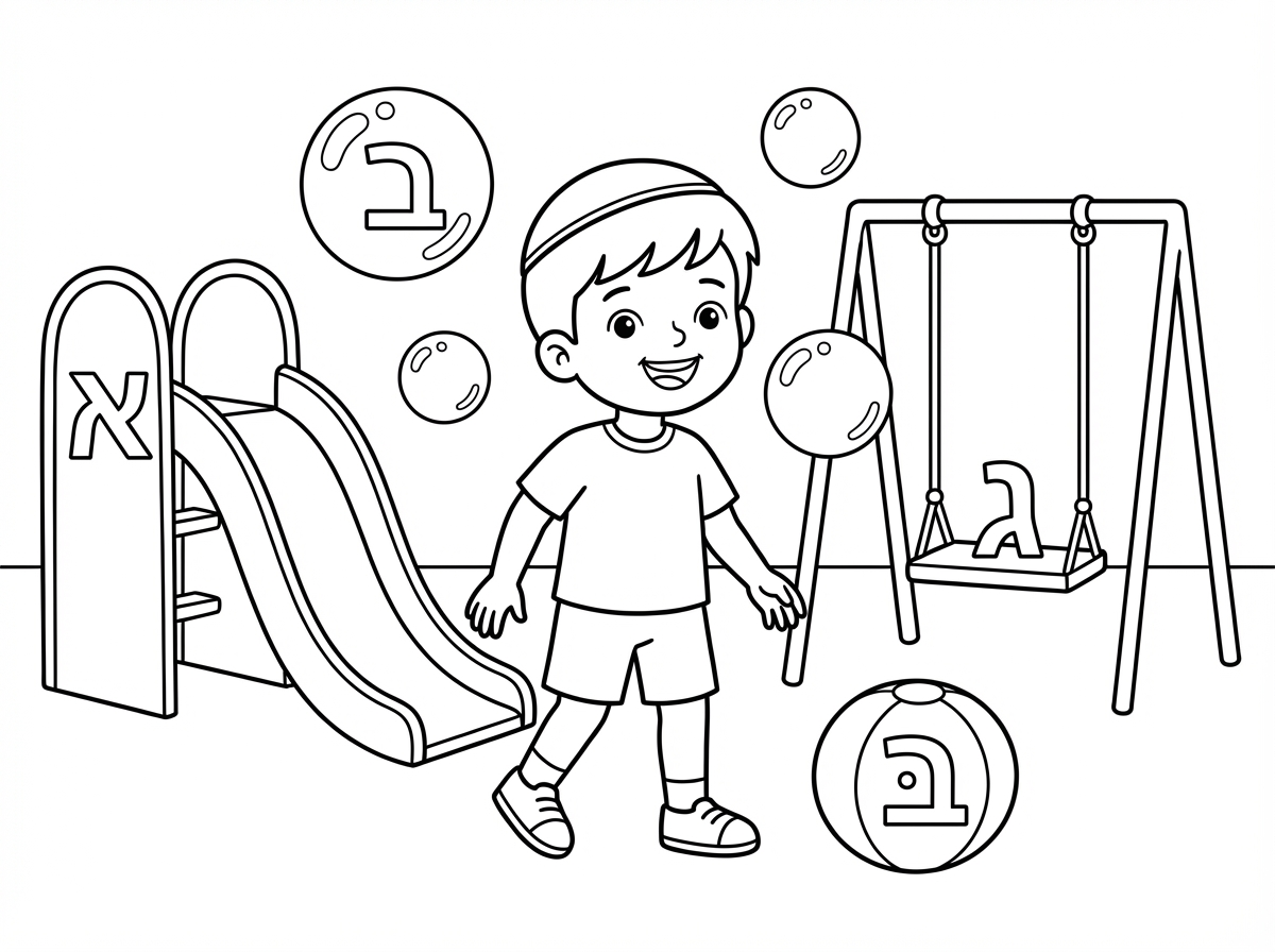 אשמח לציור של ילד חמוד ושמח עם כיפה  בגן השעשועים שבציור לא יהיו חיות
אבל שיהיה מגלשה ונדנדה ובועות סבון וכדור  
ושבציור יהיו אותיות מ א, בּ, ב, ג   בתוך האלמניטים וחלקם בציור