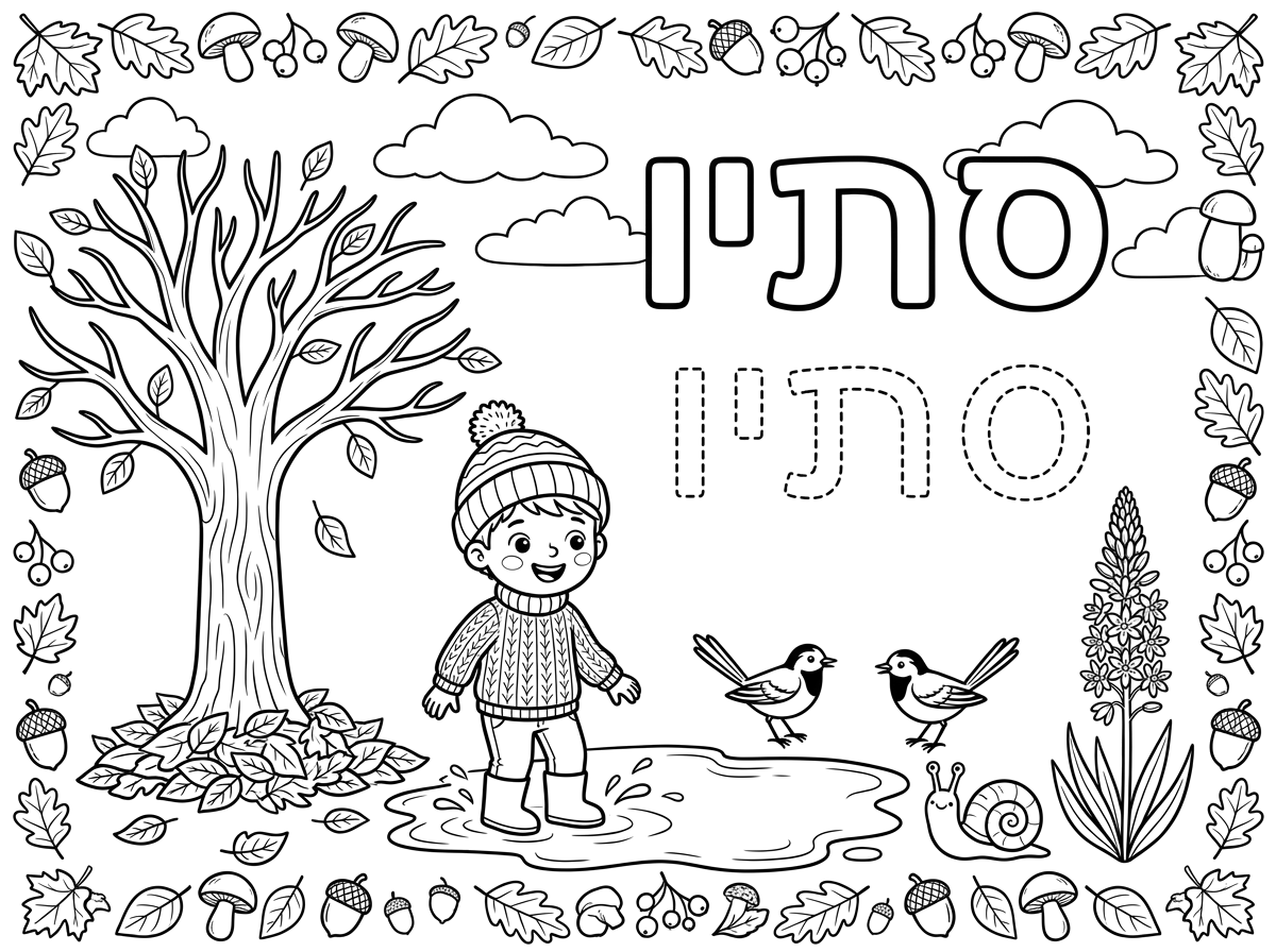 הכן לי דף נוסף זהה. אולם מתחת למילה סתיו לצביעה כתובה דוב המילה סתיו בקו מרוסק עליו יוכלו הילדים לעבור בעיפרון