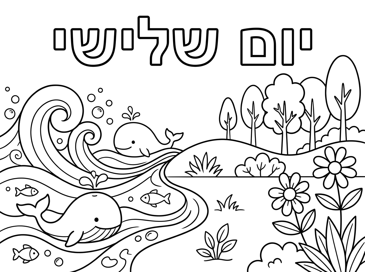אני צריכה דף משימה לבריאה העולם, הדף הוא על יום שלישי בבריאה, ביום שלישי נבראו ים יבשה וצמחים, אז אני רוצה דף שיהיה בו ים, יבשה ומעט צמחים כמו עצים ופרחים לצביעה.  למעלה בדף שיהיה רשום יום שלישי .
על הדף הילדים ידביקו מדבקות פרחים אחרי הצביעה