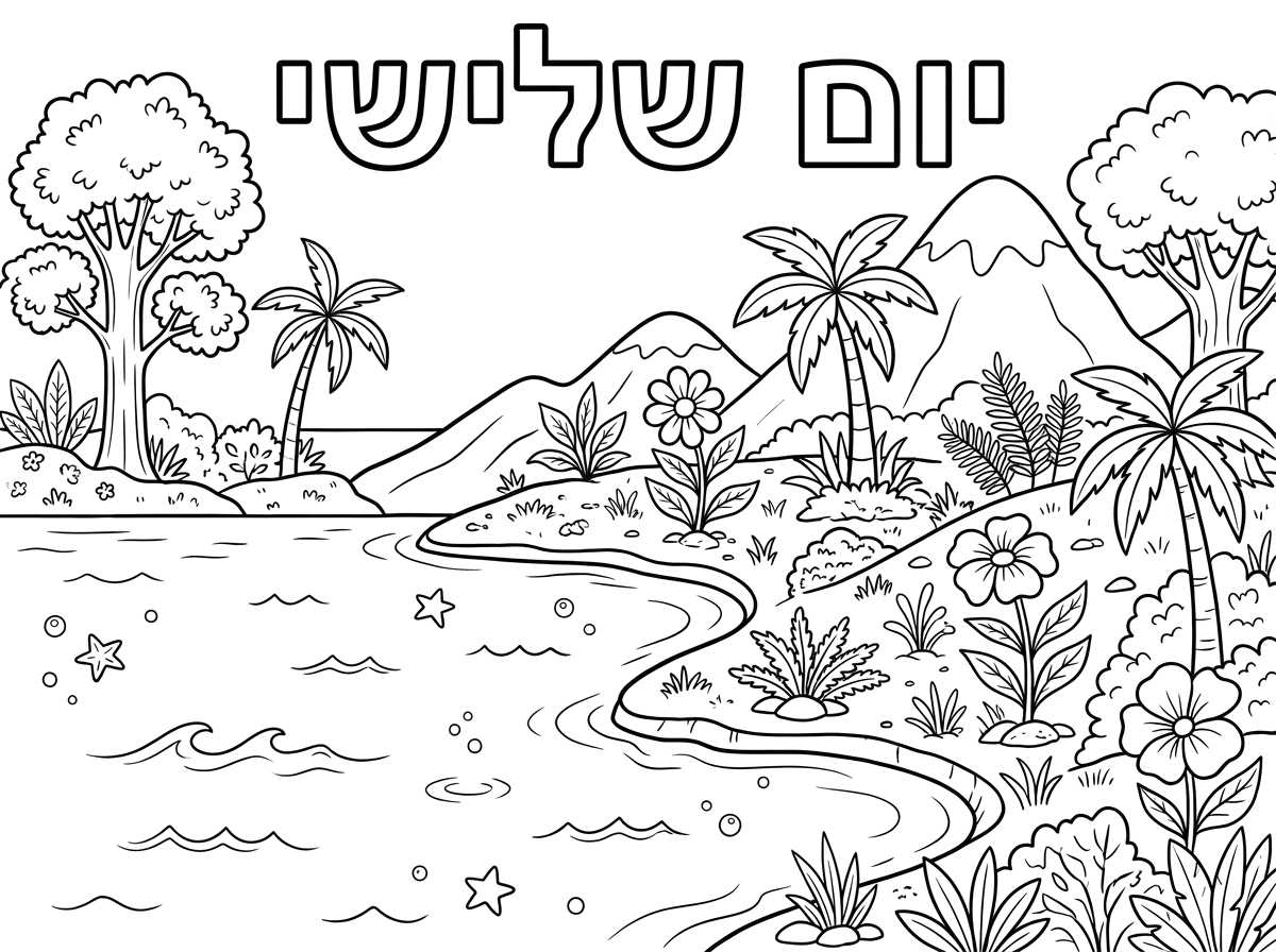 זה לא טוב, בדף צריך להיות רק ים יבשה וצמחים, בלי דגים בלי חיות בלי שום דבר נוסף, רק ים, יבשה וקצת צמחים, וכמובן הכיתוב יום שלישי