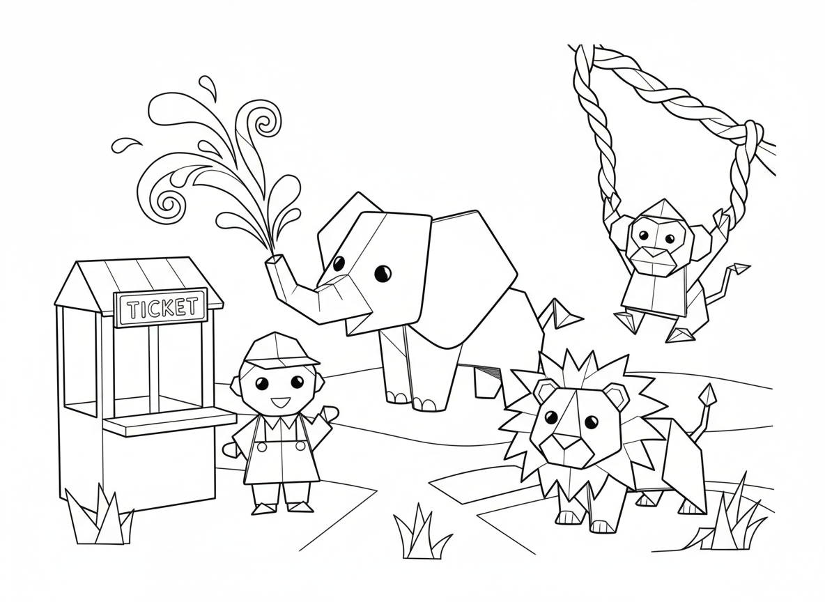 גן חיות אוריגמי - חיות מקופלות מנייר בגן חיות, פיל אוריגמי מרסס מים מנייר, קוף אוריגמי מתנדנד על ליאנות נייר, אריה אוריגמי עם רעמת נייר, שומר גן חיות מנייר, וקופת כרטיסים מנייר מקופל