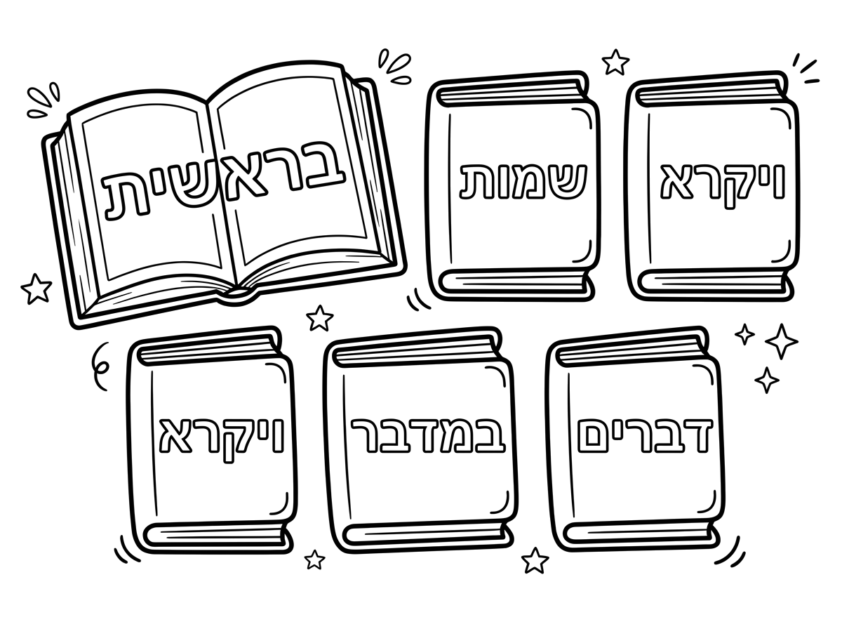תצייר לי 5 חומשים שכתוב בראשית שמות ויקרא במדבר דברים כשבראשית הראשון פתוח
