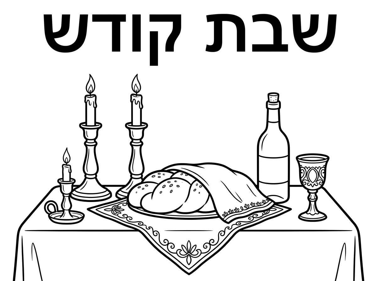 צור לי בבקשה דף צביעה של שבת
למעלה יהיה כתוב שבת קודש. 
שולחן שבת שיש עליו 2 פמוטים גדולים עם נ2ות דולקים ועוד פמוט קטן יותר. חלות מכוסות, בקבוק יין וגביע.