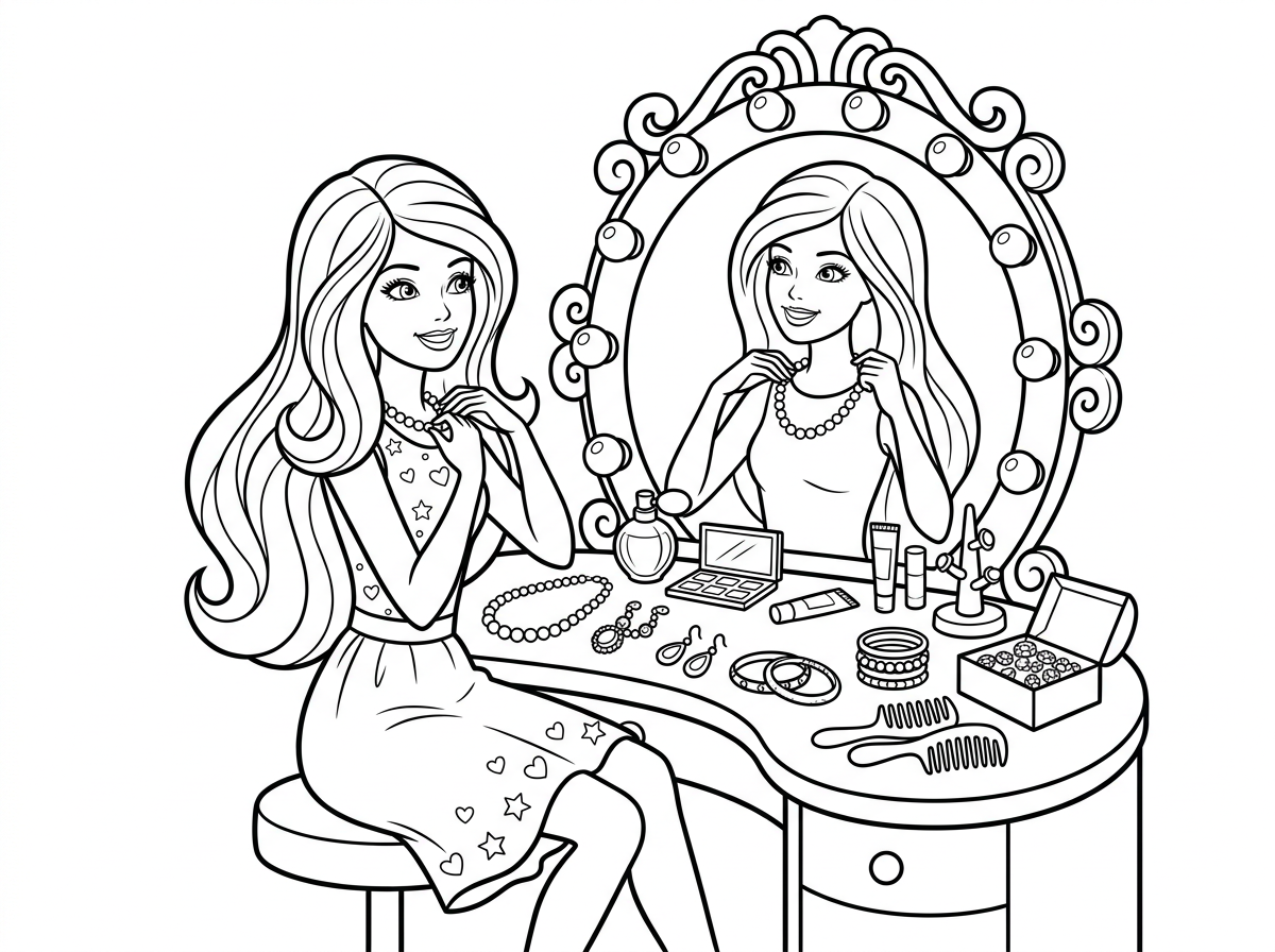 ברבי יושבת מול שולחן איפור מפואר מלא בתכשיטים: שרשראות, עגילים, צמידים וטבעות, מנסה שרשרת פנינים לפני מראה מוזהבת. על השולחן קופסאות תכשיטים פתוחות ומסרקים, נורות סביב המראה. סגנון גלאמורי ומפורט.