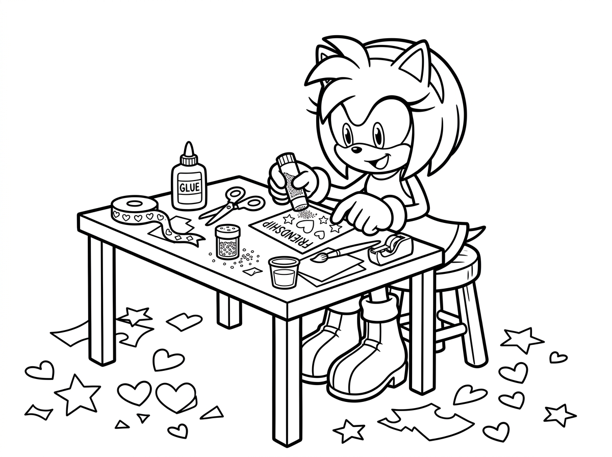 איימי רוז׳ יושבת ליד שולחן יצירה מלא בחומרי מלאכה, מדביקה נצנצים על כרטיס ברכה. סביבה מים, מספריים, דבק, נייר וסרטי קישוט, על הרצפה פזורים גזרי נייר בצורת לבבות וכוכבים.