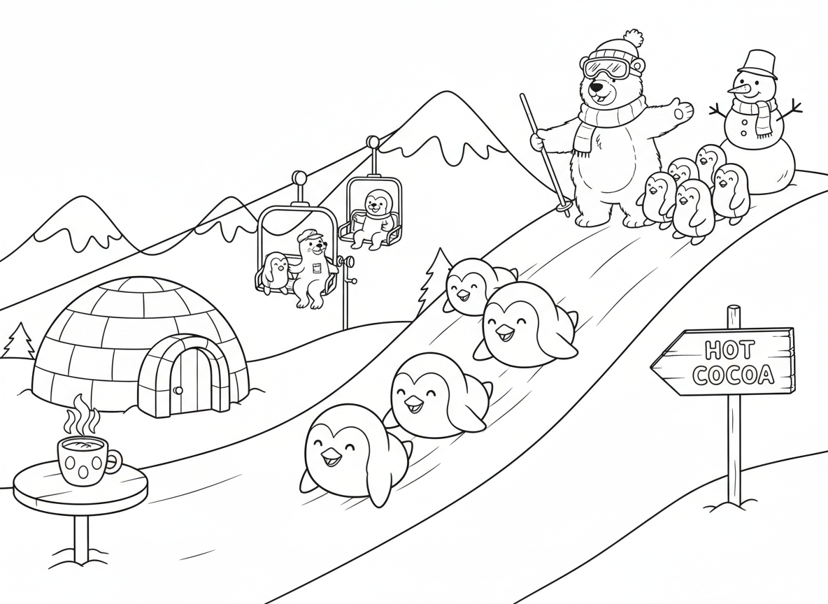 אתר סקי לפינגווינים - פינגווינים מחליקים במורד מדרונות על הבטן במקום מגלשיים, כלב ים מפעיל רכבל, דוב קוטב כמדריך סקי, בקתת איגלו עם שוקו חם, ואיש שלג כסמן שביל