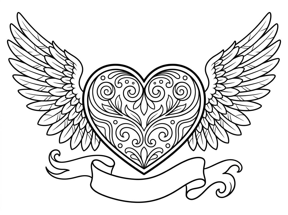 לב גדול ומרשים במרכז הדף עם כנפיים מלאכיות גדולות ומפורטות פרושות לצדדים, כל נוצה מצוירת בקפידה. הלב מעוטר בעיטורים קלאסיים ומתחתיו סרט מתנופף. הסגנון דרמטי ורומנטי עם פרטים עשירים.