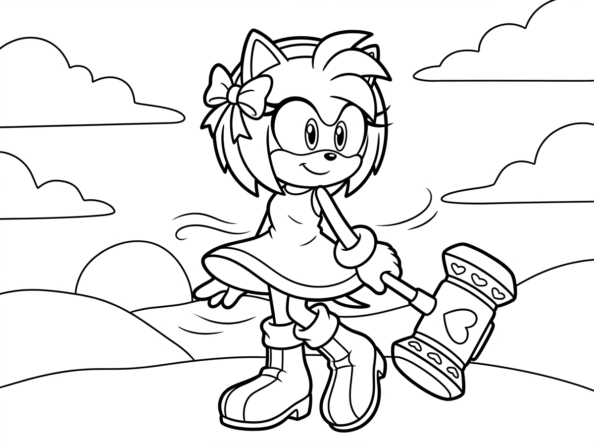 איימי רוז׳ מוצגת בכל הדרה, עומדת בתנוחה אלגנטית עם שמלה מתנופפת ברוח. היא מחזיקה את הפטיש פיקו-פיקו שלה מאחורי הגב, שיערה מסודר עם סרט, עיניה מנצנצות, על רקע שקיעה.