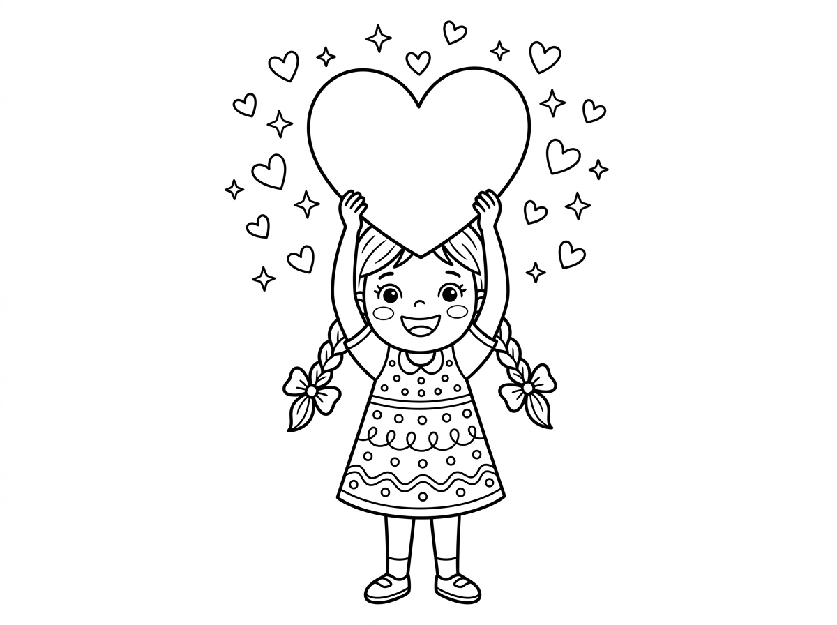 ילדה קטנה וחמודה עם צמות ושמלה מקושטת עומדת ומחזיקה לב גדול מעל ראשה בשתי ידיה. סביבה לבבות קטנים מרחפים באוויר וכוכבים נוצצים. הילדה מחייכת חיוך רחב והבעתה שמחה.
