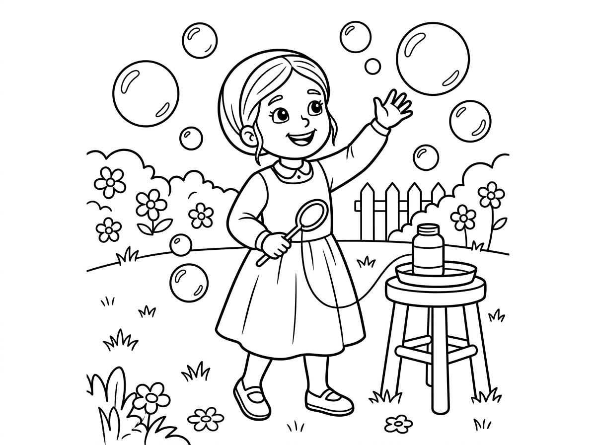 ילדה חבדית משחקת בבועות סבון בחצר שליד הבית שלה