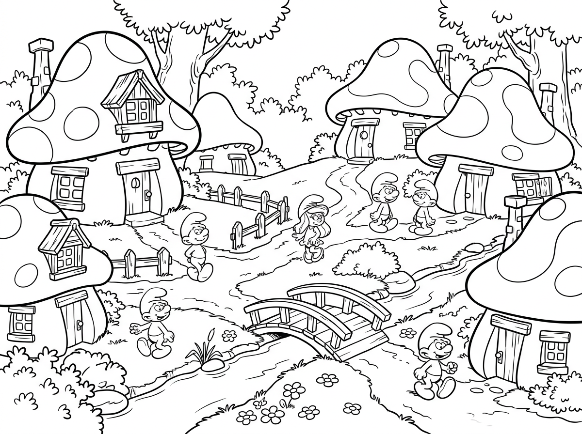 מבט רחב על כפר הדרדסים עם בתי פטריות בגדלים שונים, שבילים מתפתלים ביניהם וגדרות עץ קטנות. דרדסים שונים מסתובבים בכפר בעיסוקיהם, גשר קטן מעל נחל, פרחים ועצים סביב. סגנון כפרי קסום עם שפע פרטים ארכיטקטוניים של פטריות.