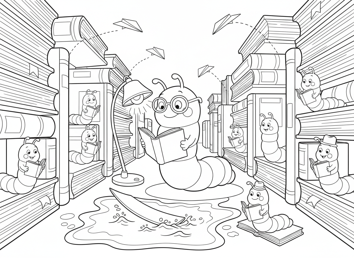 הרפתקת תולעי ספרים בספרייה - תולעים קוראות ספרים בתוך ספרייה בנויה מספרים, תולעת ספרים עם משקפיים ומנורת קריאה, טיסות מטוסי נייר בין מדפים, שלולית דיו כבריכת שחייה, וגלישה על סימניות