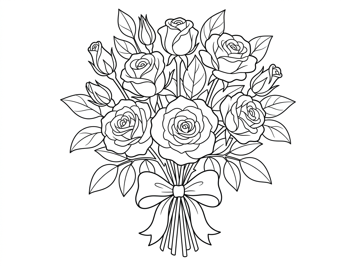 זר מרהיב של שושנים לבנות עם פרחים בשלבי פתיחה שונים – ניצנים סגורים, פרחים חצי פתוחים ושושנים פרושות לגמרי. עלים ארוכים וחלקים מסגרים את הזר, והכל קשור בסרט משי אלגנטי. הסגנון עדין וחגיגי.