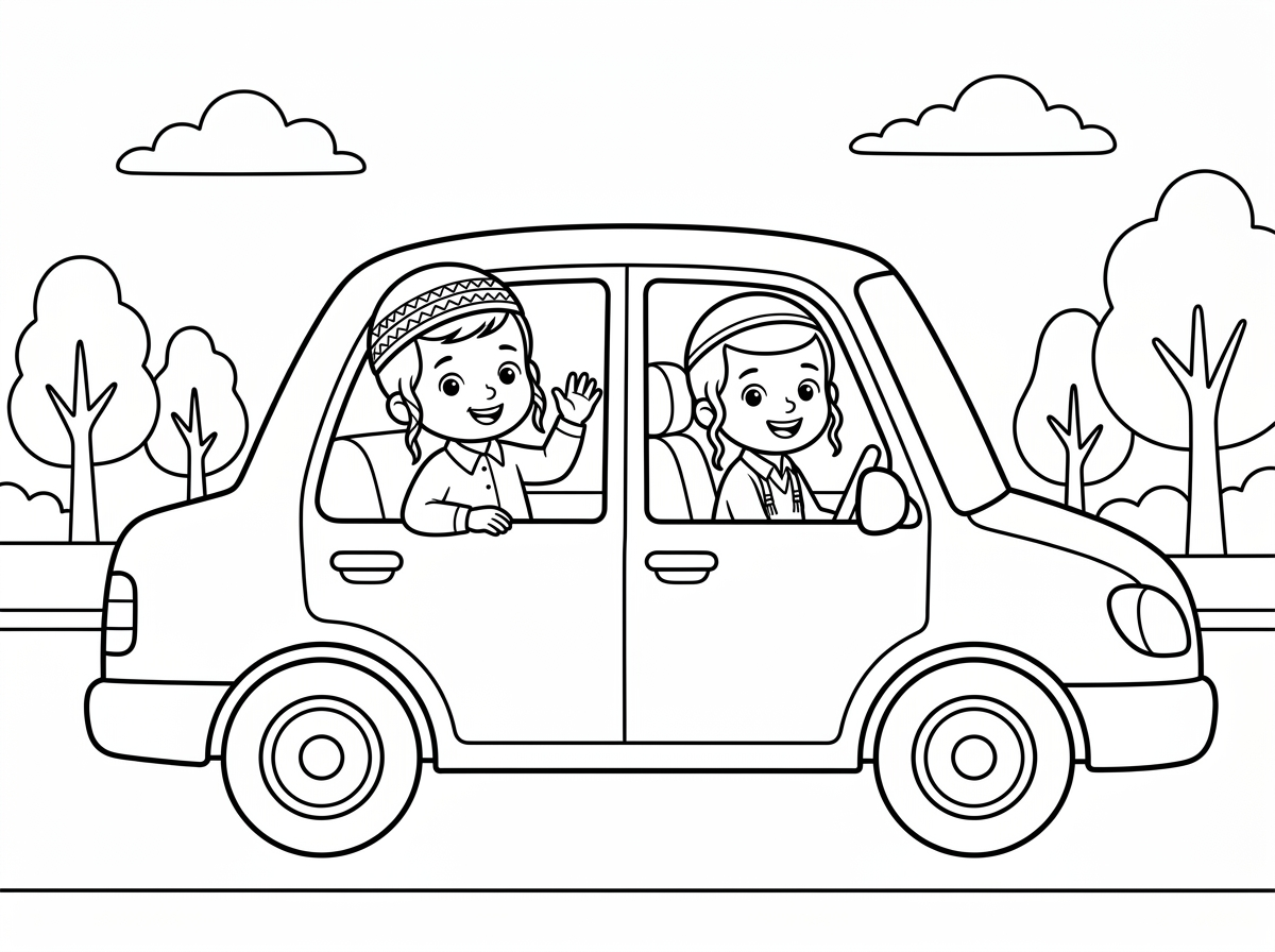 תיצור לי תמונה של מכונית עם 2 ילדים חרדים בפנים