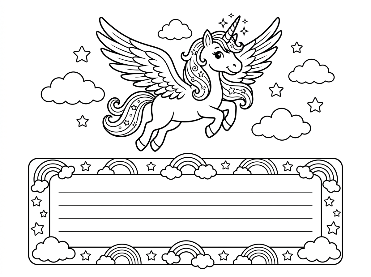 חד-קרן מכונף (פגסוס חד-קרן) מפואר עם כנפיים פרושות וקרן מנצנצת ממלא את חצי הדף העליון, ובחצי התחתון מסגרת מעוטרת בכוכבים, קשתות וענני פלומה עם מקום לכתיבה. סגנון פנטזיה מרהיב.