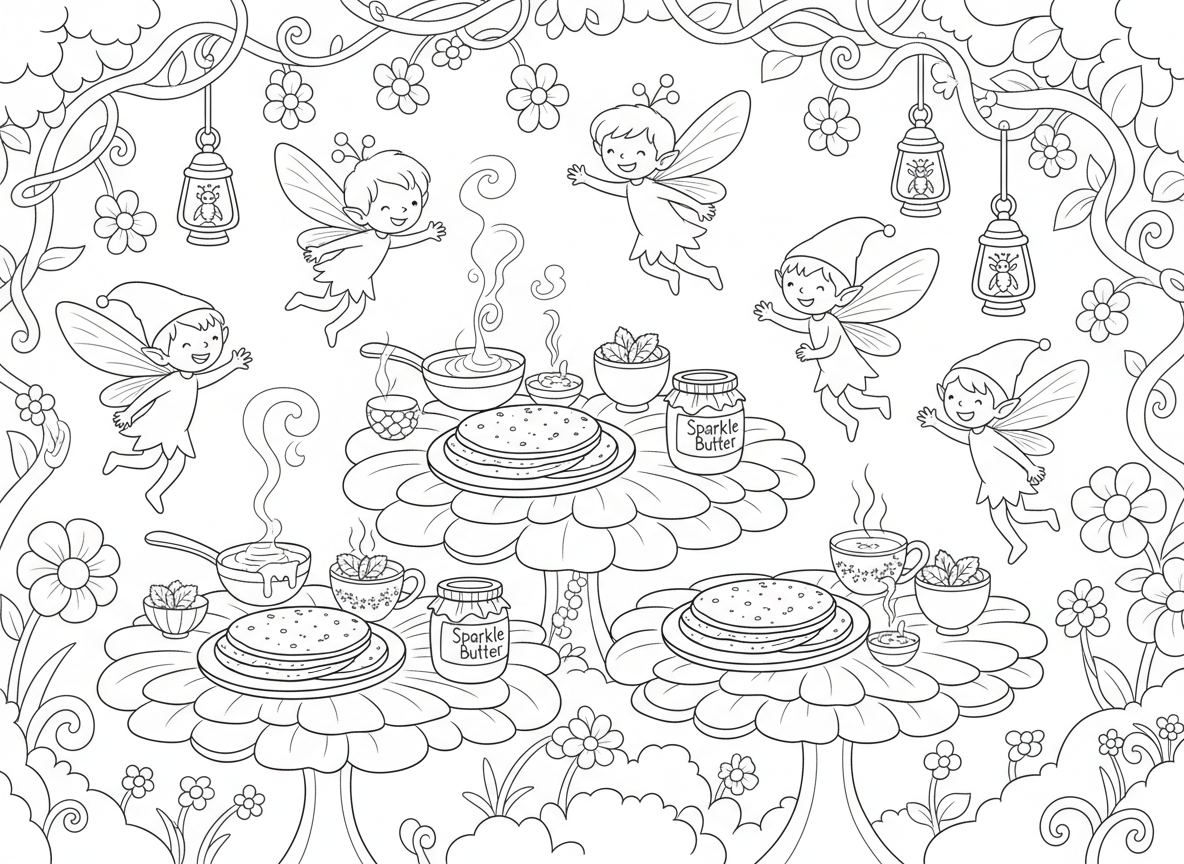 מימונה בגן פיות - פיות וגמדונים חוגגים מימונה עם מופלטה על שולחנות פרחים, דבש נוטף מכפות עלי כותרת, תה נענע בכוסות בלוט, חמאה נוצצת, ופנסים זעירים עשויים מגחליליות