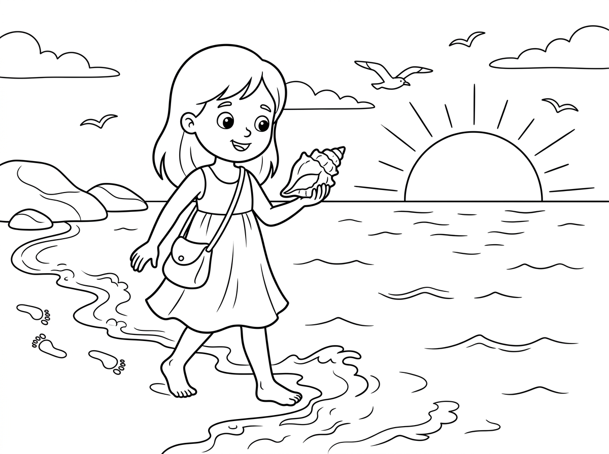 ילדה יחפה עם שמלת קיץ קלה ותיק קטן, הולכת לאורך קו המים על חוף חולי, רגליה מותירות עקבות בחול הרטוב. היא מחזיקה צדפה גדולה ביד אחת ומביטה בה בסקרנות, גלים קטנים מלחכים את כפות רגליה. ברקע שקיעה מעל הים, שחפים מעופפים וסלעים בצד.