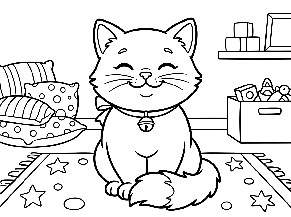 חתול חמוד עם חיוך רחב ועיניים מצומצמות מאושר, עונד סרט מקושט עם פעמון קטן על צווארו. הוא יושב בתנוחה מסודרת עם זנב מלופף סביב כפותיו. סגנון ציור ילדותי ומקסים עם קווים נעימים, רקע של חדר ילדים עם כריות ושטיח.