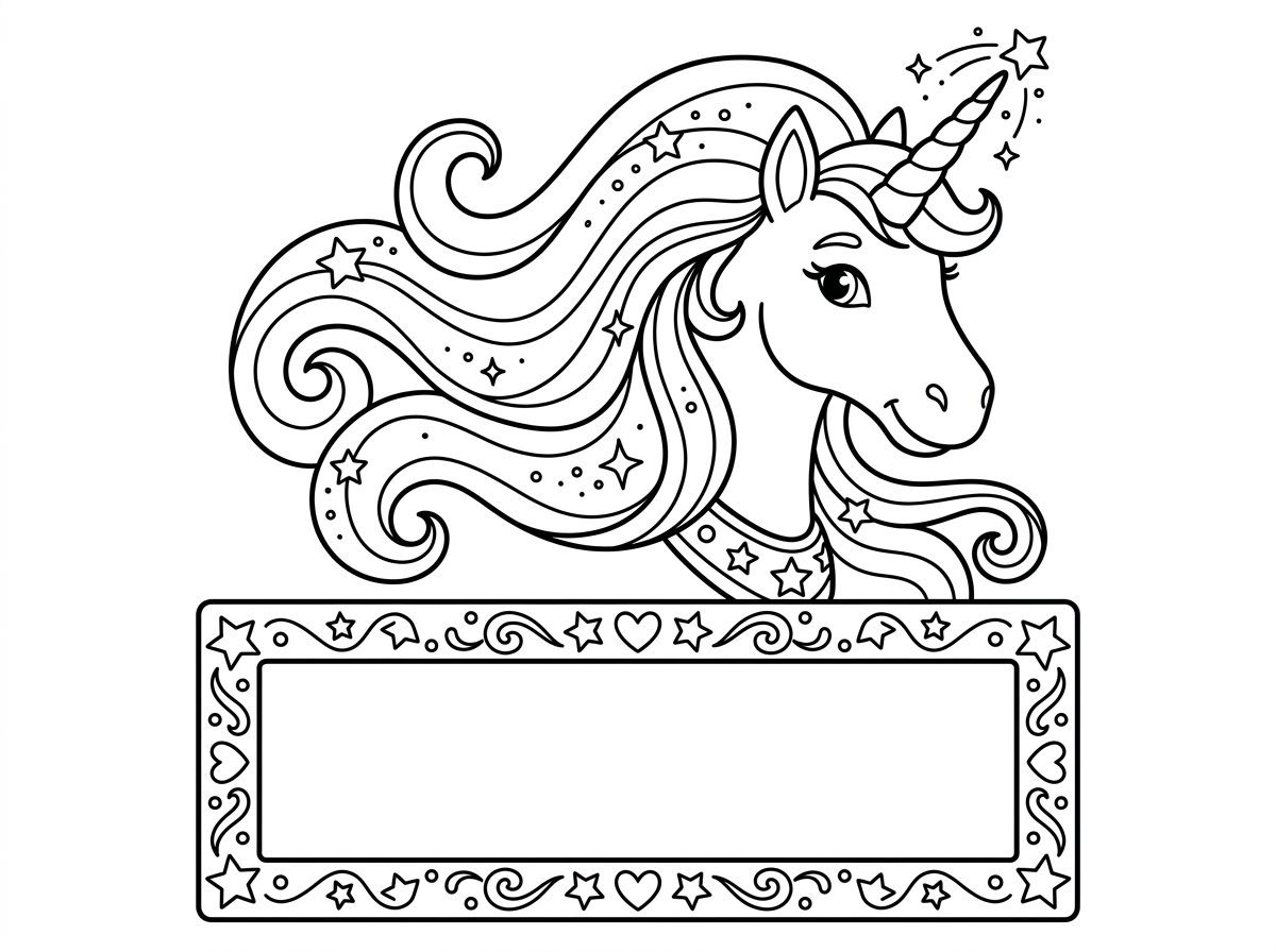 דיוקן חד-קרן מפואר ממלא את החלק העליון של הדף, עם רעמה מתנופפת וקרן מנצנצת, ובחלק התחתון מקום לכתיבת טקסט אישי בתוך מסגרת מעוטרת בכוכבים ולבבות. סגנון פנטזיה קסום.