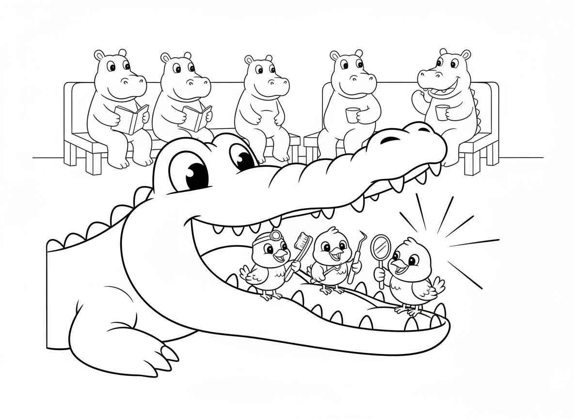 ציפורים מנקות שיניים לתנין - ציפורים קטנות מנקות שיני תנין, תנין מחייך עם פה פעור, ציפורים שונות עם כלי שיניים שונים, חדר המתנה מלא היפופוטמים ואליגטורים, ושיניים נוצצות בסיום