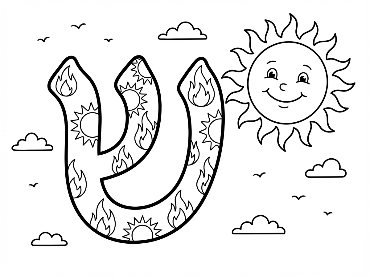 האות ש׳ (שִׁין) ענקית עם שלושת ענפיה המאפיינים, מעוטרת בדוגמאות להבות ושמשות בתוכה, ממוקמת במרכז הדף. לצד האות ציור של שמש גדולה ומחייכת עם קרניים ופנים שמחות, מייצגת את המילה ""שמש"". ברקע עננים קטנים וציפורים, בסגנון חינוכי מאיר.