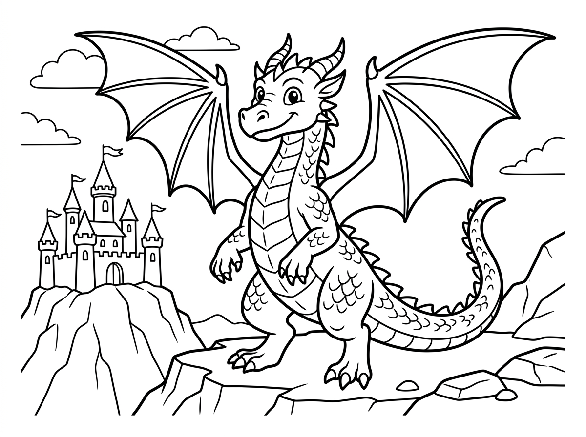 דרקון מרשים עומד בתנוחה זקופה ומלכותית על שתי רגליו האחוריות, כנפיו הגדולות פרושות לרווחה וזנבו הארוך מתפתל מאחוריו. הקשקשים שלו מפורטים ומסודרים, והביטוי שלו גאה ונחוש. סגנון ציור פנטזיה מפורט עם קווים חדים ומרשימים, רקע של מצוק סלעי וטירה ברקע.