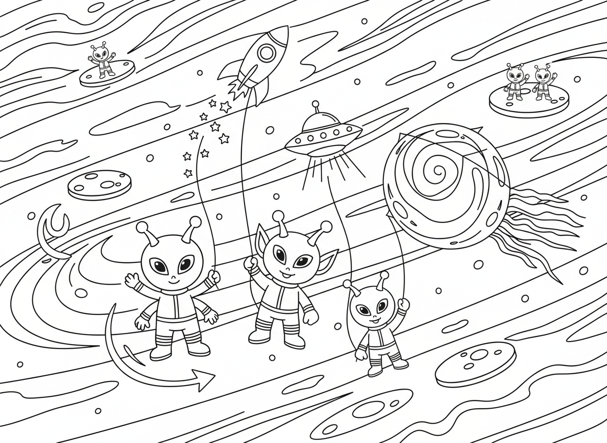 פסטיבל עפיפונים על כוכב צדק - ילדי חייזרים מעיפים עפיפונים באטמוספירה הצבעונית של צדק, עפיפונים בצורת רקטות ועבמים, הכתם האדום כעפיפון ענק, ירחים כפלטפורמות מרחפות, ורוח חלל נושבת