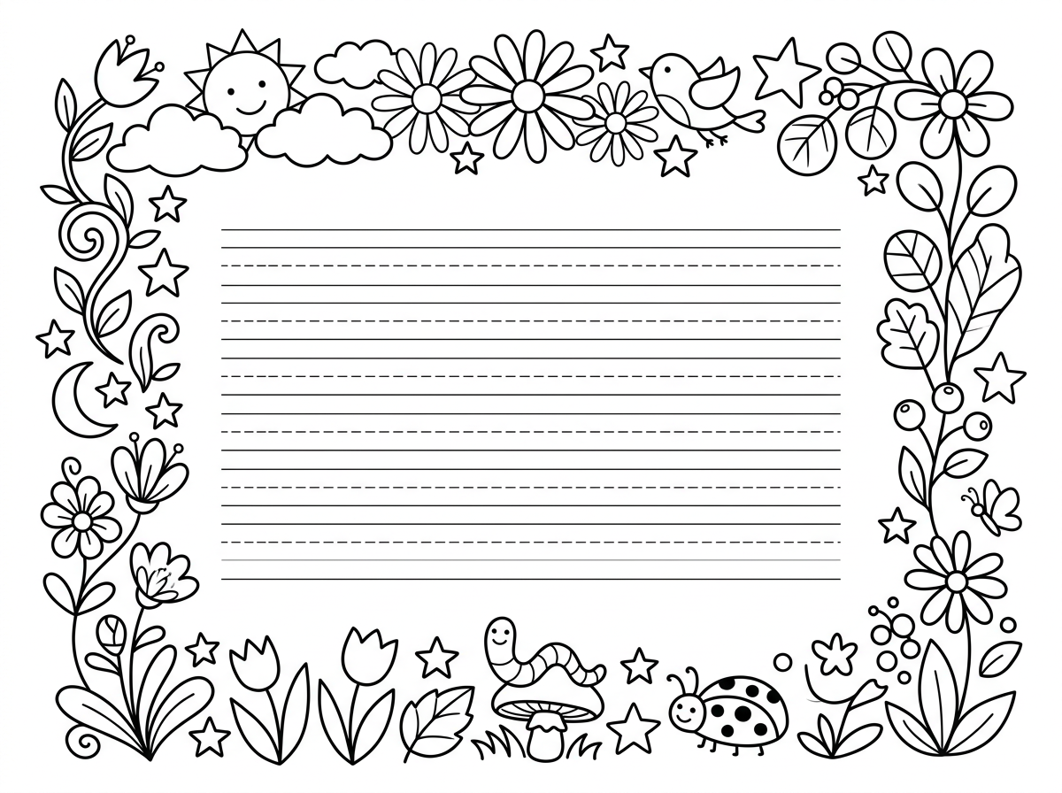 דף עם מסגרת מעוטרת יפהפייה של פרחים, כוכבים ועלים, ובמרכז שטח גדול ופתוח עם שורות ריקות לכתיבת טקסט חופשי. המסגרת מפורטת ומגוונת עם אלמנטים שונים בכל צד. סגנון אמנותי ומזמין לכתיבה ויצירה.