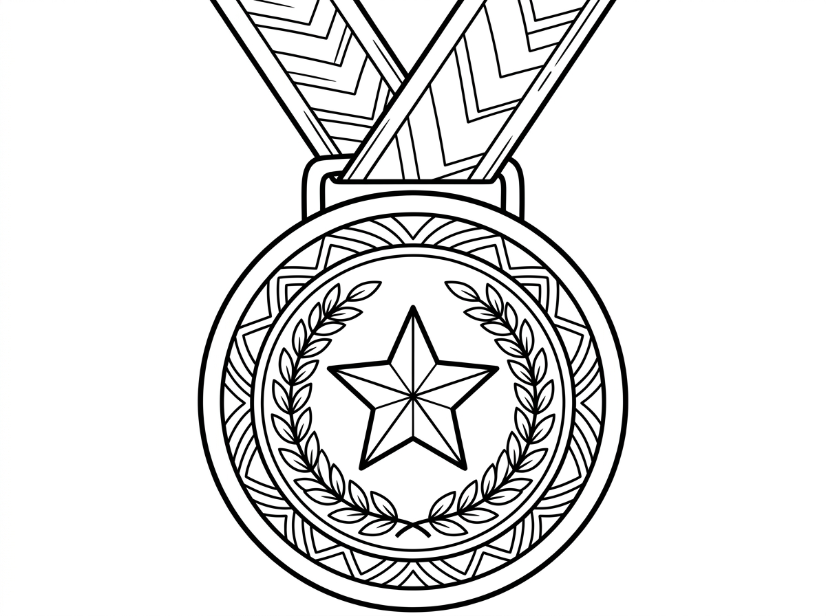 מדליית זהב עגולה עם כוכב גדול במרכזה, תלויה על סרט רחב ומקושט. סביב הכוכב עיטורי זר דפנה וכיתוב דקורטיבי. המדליה מפורטת עם עיטורים קלאסיים של ניצחון והצטיינות.