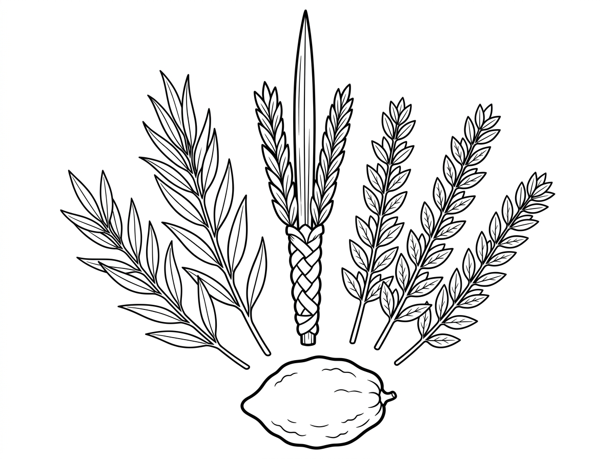 ציור מפורט של ארבעת המינים מסודרים יחד בהרכב קלאסי: לולב וגבוה במרכז, שלושה ענפי הדס מימין, שתי ערבות משמאל, ואתרוג ושלם למטה. כל צמח מצויר בדיוק בוטני עם עלים ופרטים ברורים, ברקע קישוטי סוכה. סגנון בוטני מדויק עם קווי מתאר נקיים.