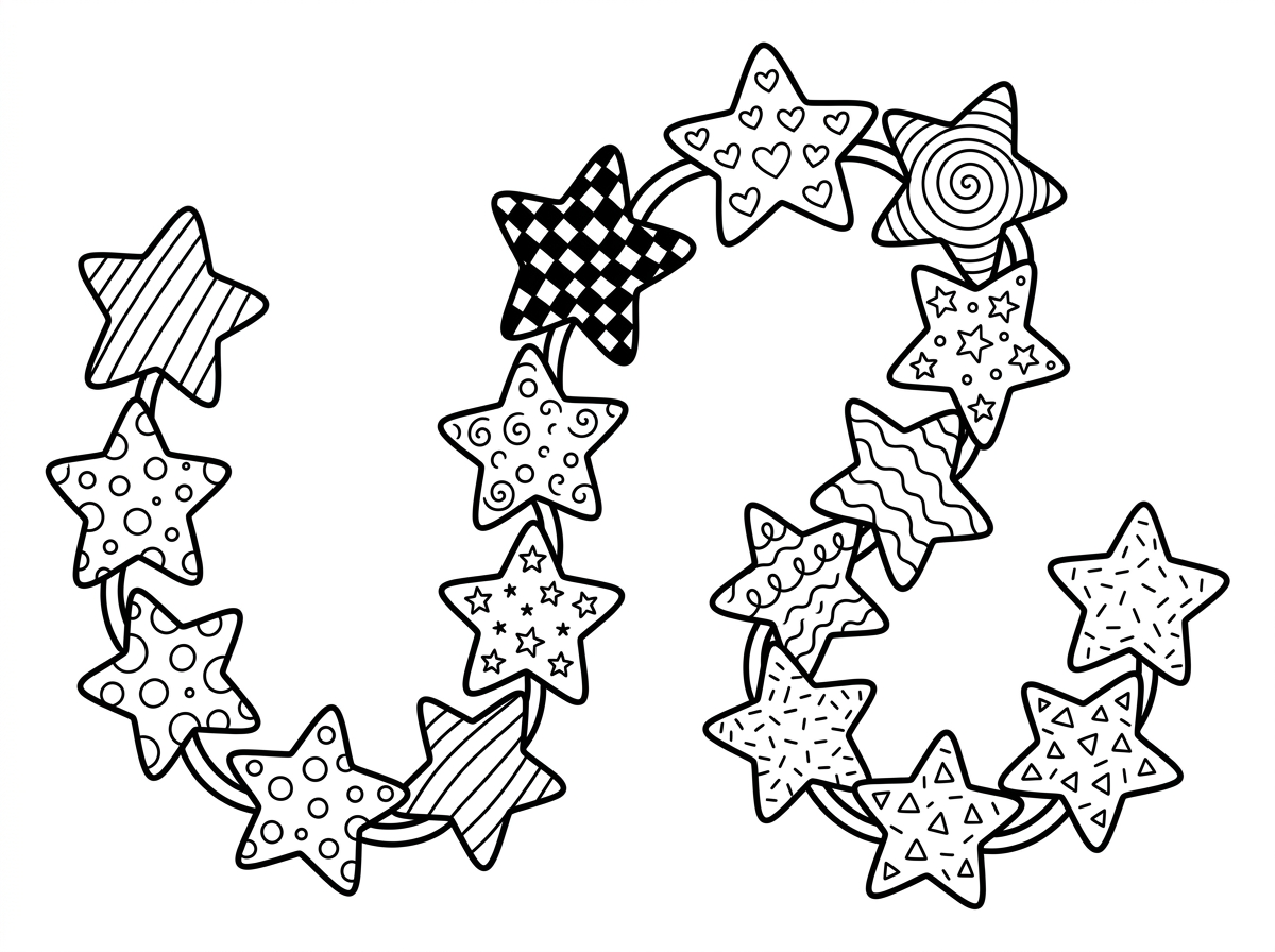 שרשרת ארוכה ומתפתלת של כוכבים מחוברים בחוטים דקים, כמו שרשרת תכשיט או גרלנדה. הכוכבים מעוטרים כל אחד בדוגמה שונה, והשרשרת מתפתלת על הדף בצורת גל. עיצוב מקסים לקישוט.