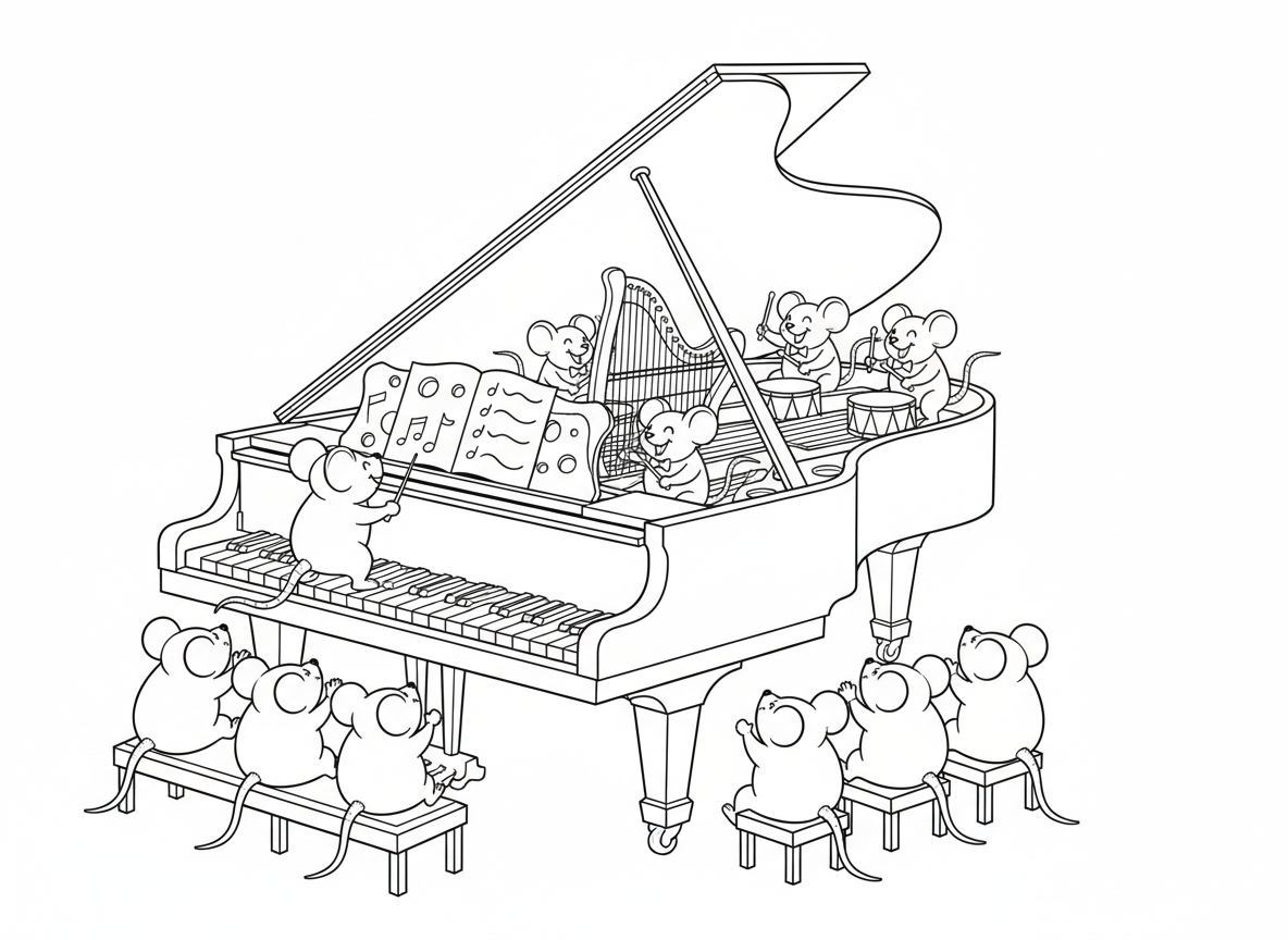 תזמורת עכברים בתוך פסנתר כנף - עכברים זעירים מנגנים בכלים בתוך פסנתר, משתמשים במיתרי פסנתר כנבל, פטישים כתופים, עכבר מנצח על קליד, קהל עכברים בספסל הפסנתר, ותווים מגבינה