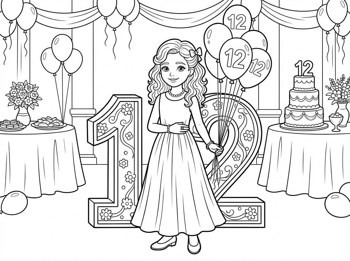 טוב אז אני רוצה שתעשה לי ילדה כזאת שהיא נראית כזאת בוגרת מאוד והיא צנועה מאוד וכאילו היא ... תעשה אותה כאילו זה יום הבת מצווה שלה אז תעשה אותה ברקע של אולם ענק ו 12 מאחורה ופרחים וכל מיני אוכל ותעשה של מאחוריה יהיה עוגה כזאת עם 12 והילדה תחזיק בלונים של 12 ותצטלם מאחורי 12. יהיה לה שמלה כזאת פורחת מאוד וצנועה כמובן, ונעליים מהממות כאילו בסטייל כזה גם השמלה בסטייל, פורחת, צנועה שמתאימה לבת מצווה, תכשיטים-פנינים עדינים ויפים. פנים עדינות וחיוך, תסרוקת כזאת עם פזור ותל.. שיהיה לה שיער תלתלים ויהיה לה תסרוקת פזור ועם אביזר כזה בשיער יהיה לה גם טבעת צמיד ... ויהיה כזה בלונים מסביב וכאילו באווירה של אירוע בת מצווה שחור לבן כדי שאני אוכל לצבוע תודה רבה