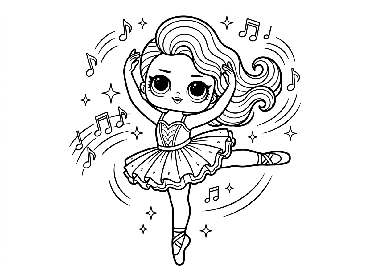 בובת לול סורפרייז רוקדת בתנוחת בלט עם רגל מורמת לאחור וידיים מושטות בחן, לבושה בטוטו נוצץ ונעלי בלרינה. שיערה מתנופף בתנועה, סביבה תווי נגינה וכוכבים מנצנצים. סגנון ריקוד חמוד עם קווי תנועה.