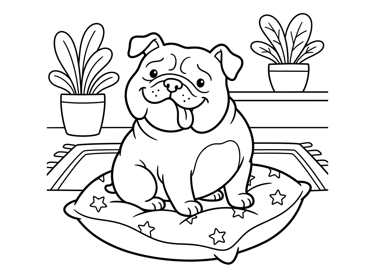 בולדוג שמנמן וחמוד עם פנים מקומטות וביטוי מצחיק, יושב בגאווה על כרית רכה. הלשון שלו מבצבצת החוצה בצורה משעשעת, ואוזניו הקטנות מוטות קדימה. קווי מתאר עבים בסגנון קריקטורה חם ומזמין עם רקע פשוט של בית חם.