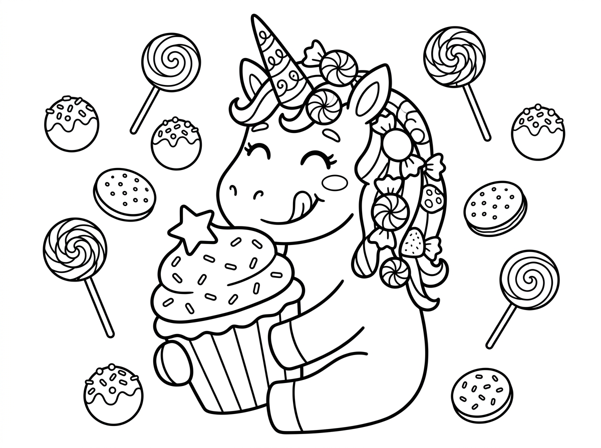 חד קרן שמח ומפונק מחזיק קפקייק ענק מעוטר בקרם, סוכריות וכוכב על הקצפת, ומלקק את שפתיו בתיאבון. הקרן שלו מעוטרת בסוכריות מסולסלות, ורעמתו כמו ממתקים. סביבו ממתקים נוספים – סוכריות על מקל, עוגיות וכדורי שוקולד, בסגנון מתוק וקסום.