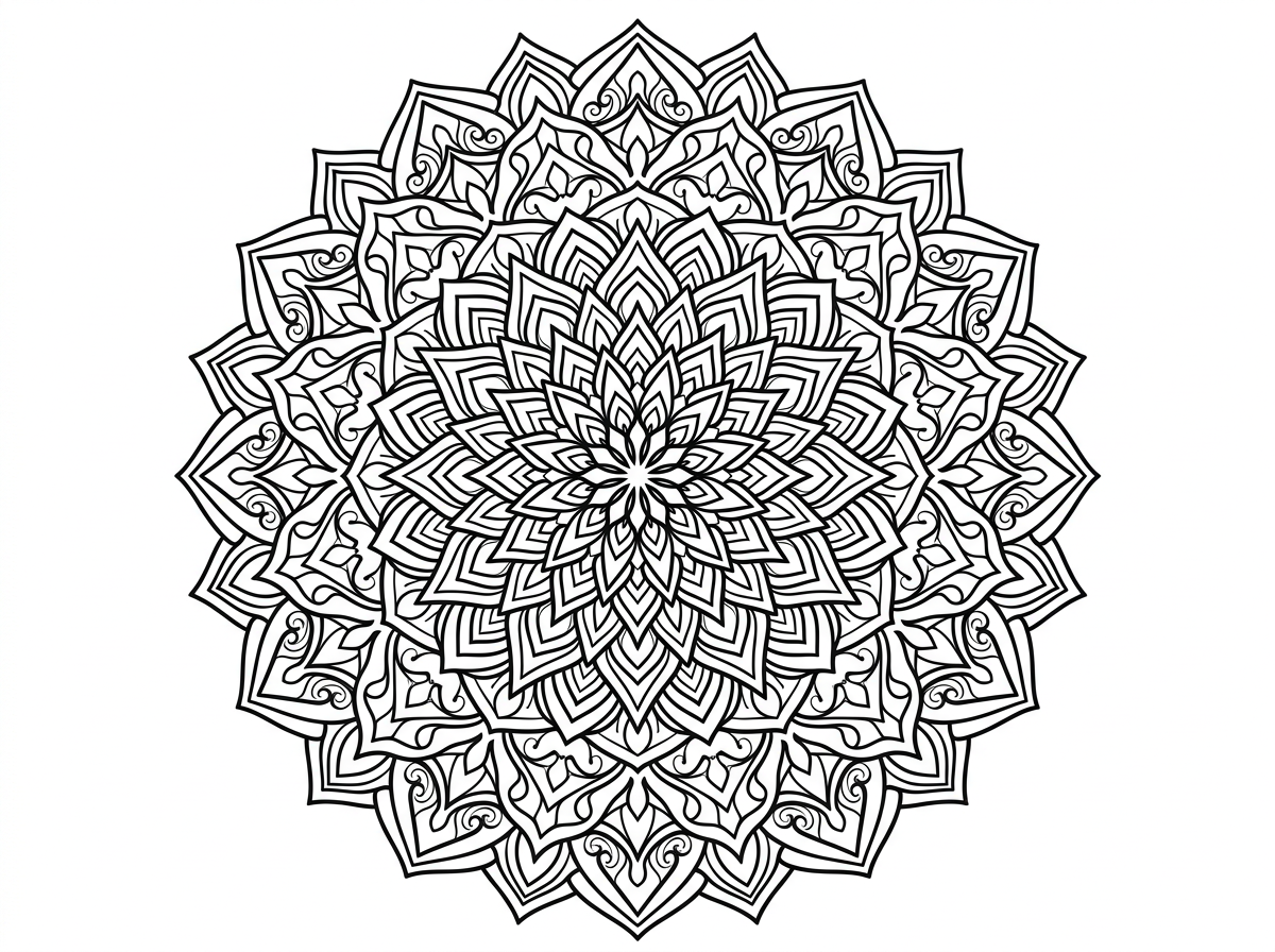 מנדלה מורכבת ועמוסה במיוחד עם שכבות רבות צפופות של דוגמאות גיאומטריות כהות ומפורטות. הדוגמאות כוללות חוטים מתפתלים, צורות מחודדות ומוטיבים גותיים. המנדלה יוצרת תחושת עומק ומסתורין, מתאימה לצביעה מדיטטיבית ממושכת.