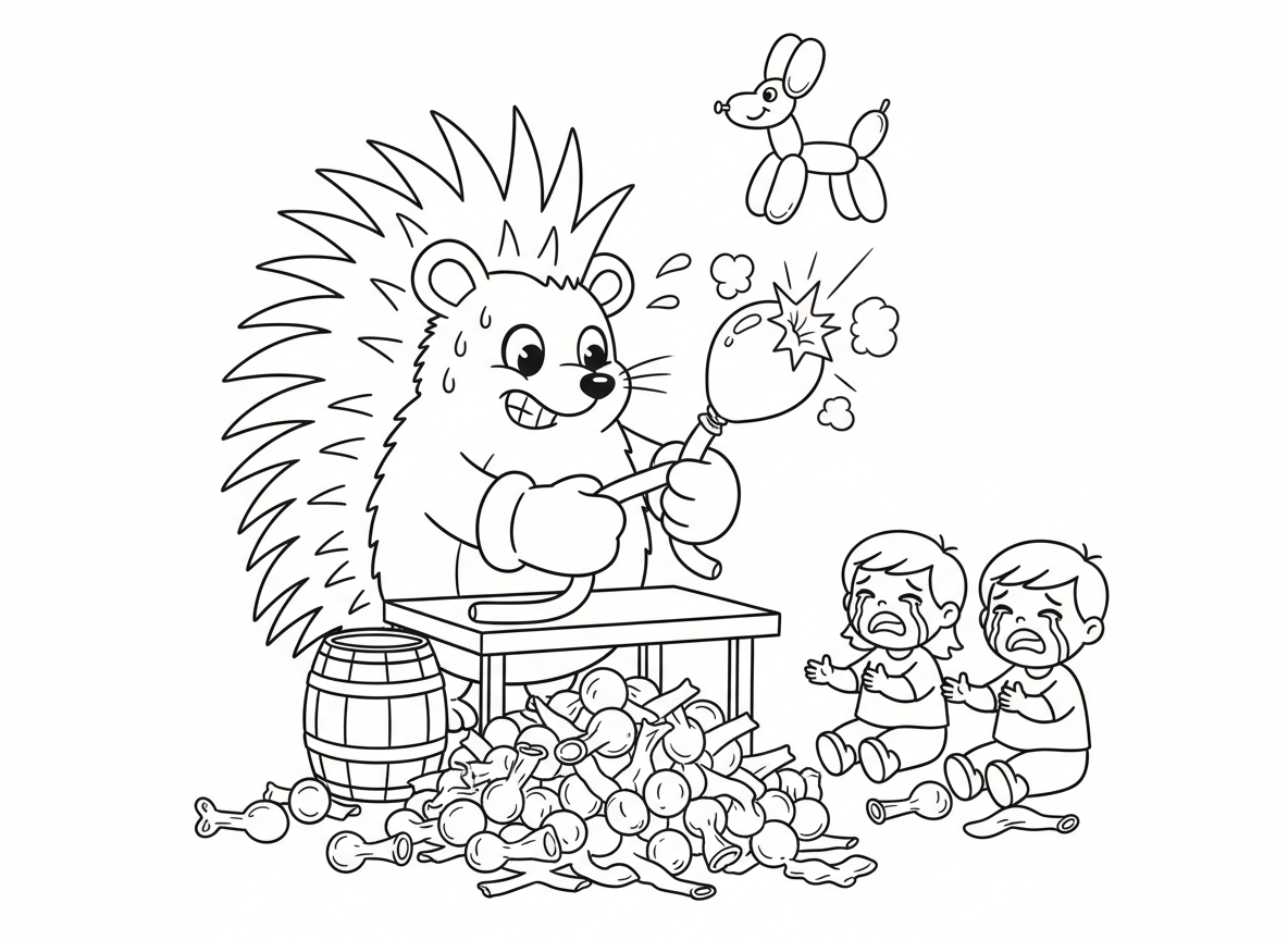 קיפוד אמן בלונים - קיפוד מנסה לעשות חיות מבלונים אבל כל הזמן מפוצץ אותם, ערימת בלונים פקועים, ילדים בוכים, קיפוד נחוש עם כפפות, ובלון אחד מוצלח ששרד איכשהו