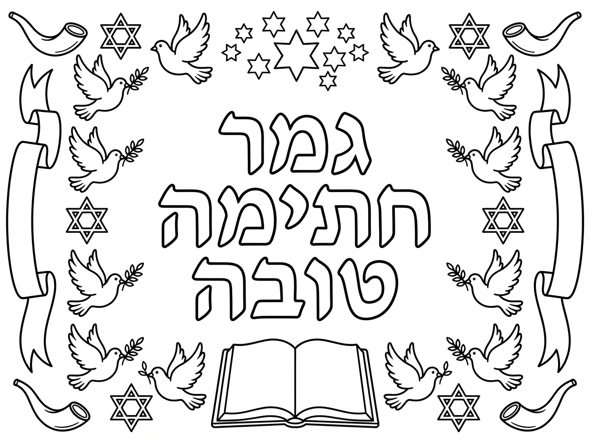 אגרת ברכה מעוצבת עם הכיתוב ""גמר חתימה טובה"" באותיות מהודרות במרכז, מסגרת של יונים לבנות נושאות ענפי זית, שופרות בפינות, ומגני דוד. ספר פתוח למטה וכוכבים למעלה, סרטים מתנופפים בצדדים. סגנון אגרת מסורתית מפוארת.