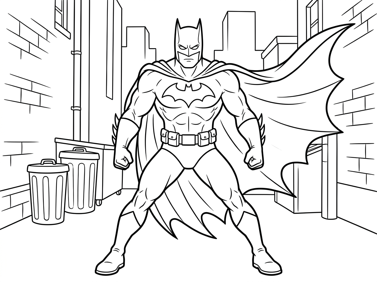באטמן בתנוחת כוח עם שרירים בולטים, אגרופים קמוצים ורגליים פשוקות בעמידה יציבה. חזהו רחב עם סמל העטלף הבולט, זרועותיו חזקות וגלימתו מתנופפת מאחוריו ברוח, על רקע אורבני של סמטה חשוכה.
