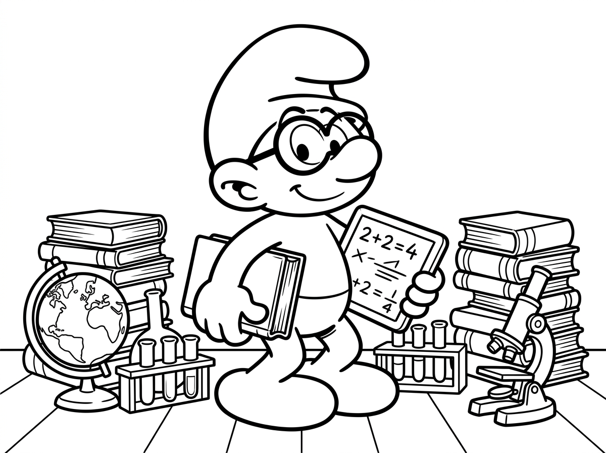 דרדס בר מוח (ברייני סמורף) עומד עם משקפיים גדולות, מחזיק ספר עבה ולוח עם נוסחאות מתמטיות, הבעת פנים יודענית. סביבו ערימות ספרים, מבחנות מדע, גלובוס ומיקרוסקופ. סגנון אקדמי ולמדני עם פרטי מדע ולימוד.