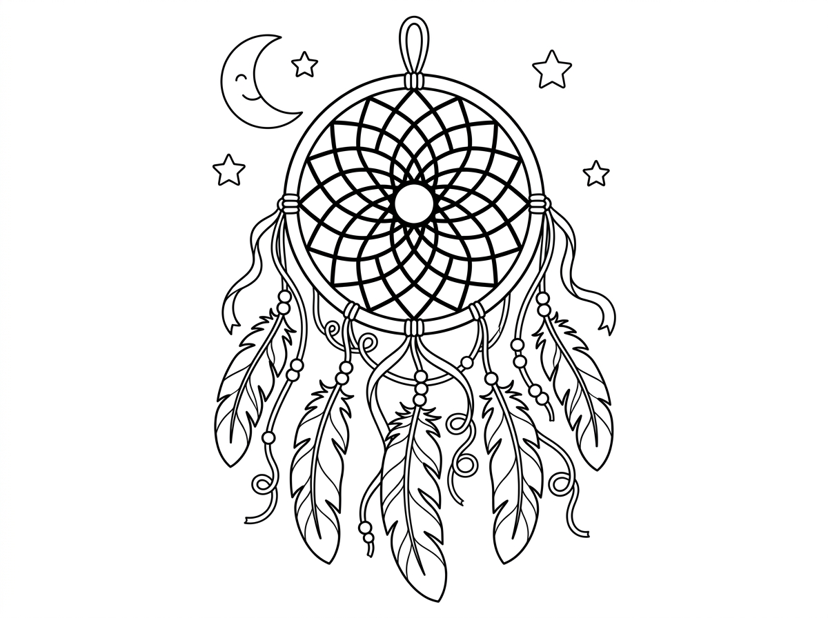 לוכד חלומות דקורטיבי גדול עם טבעת עגולה מעוטרת ברשת מורכבת בדוגמאות גיאומטריות עדינות, נוצות ארוכות ומפורטות תלויות מלמטה עם חרוזים קטנים. סרטים וחוטים מתולתלים מקשרים בין החלקים. ברקע ירח סהר וכוכבים. סגנון בוהו אמנותי.